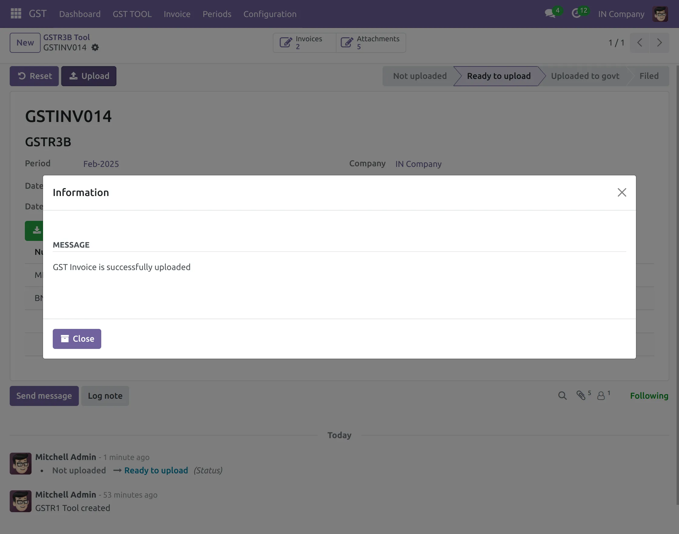 Pop-up after uploading invoice 