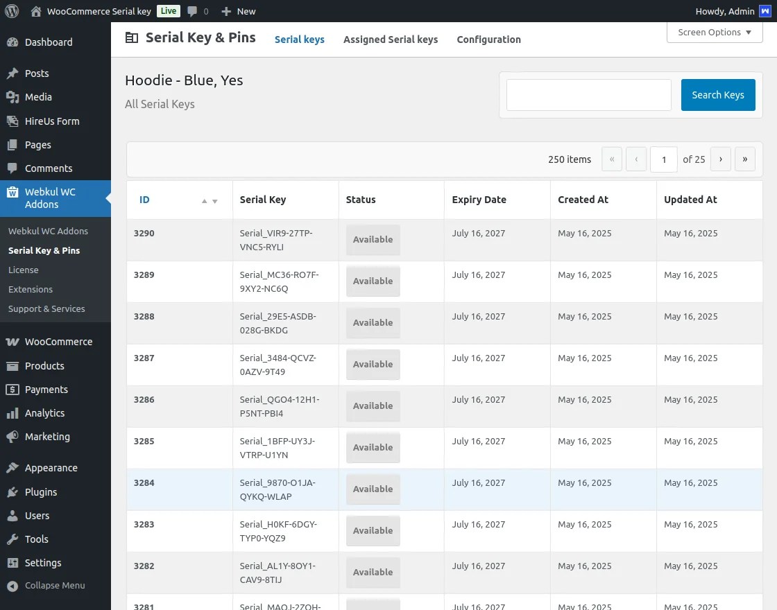product serial keys listed