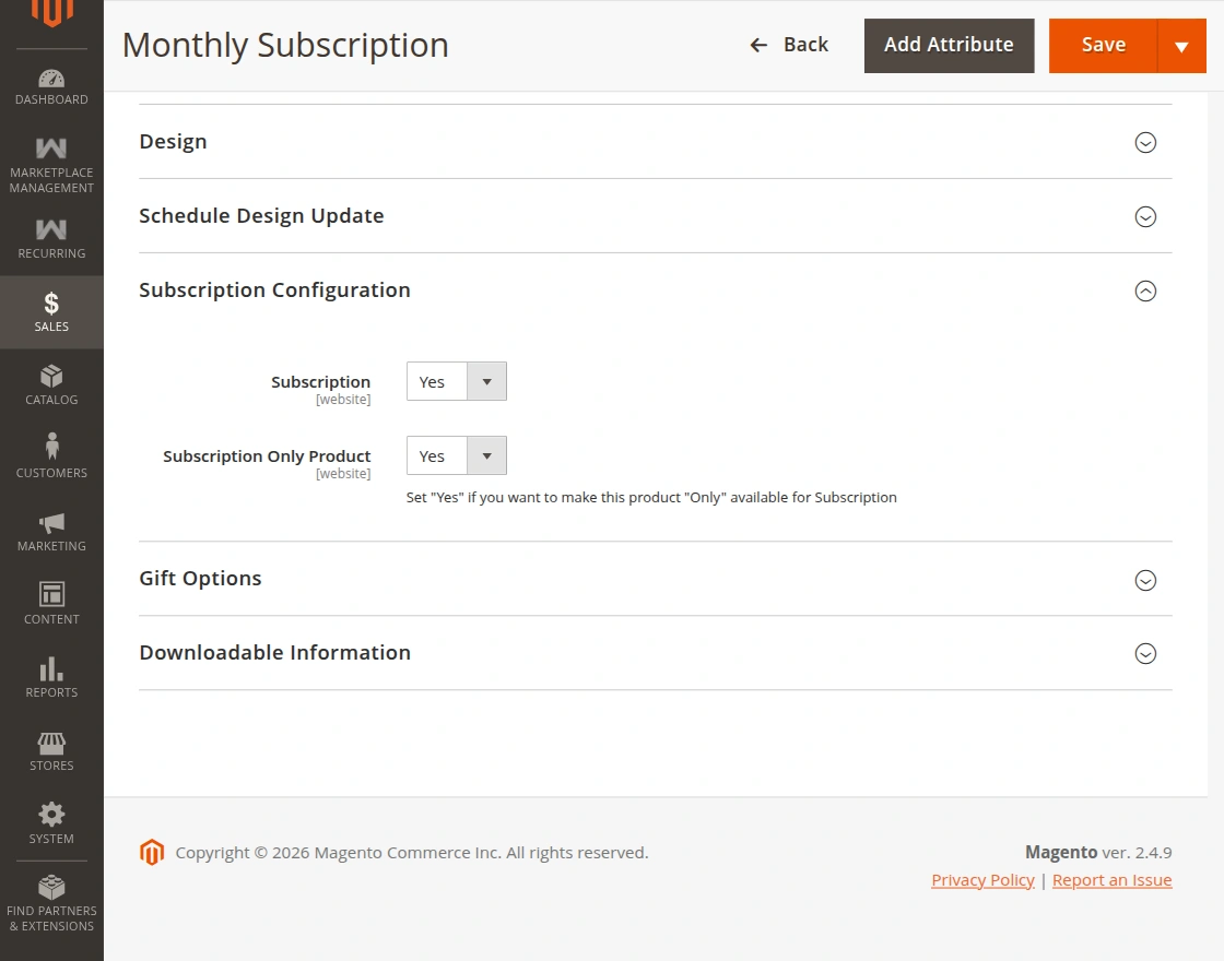 product page configuration