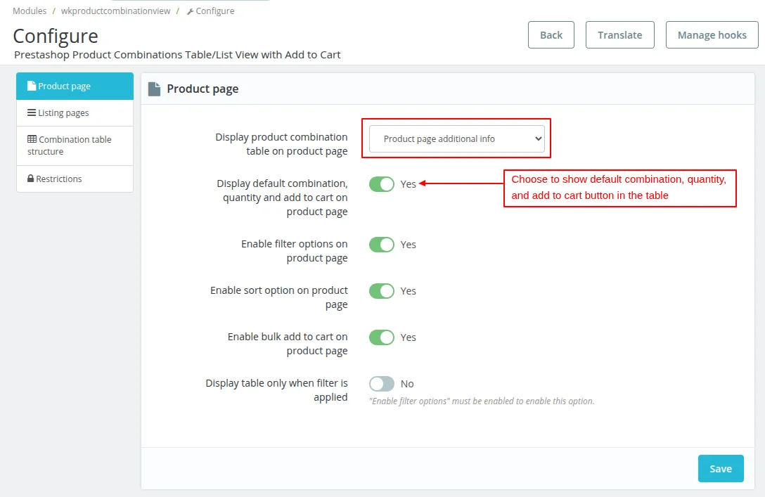 Product Page additional info configuration