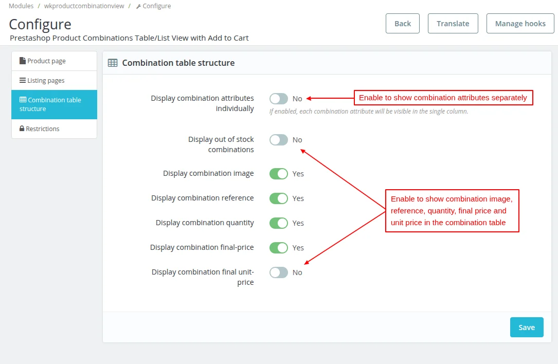 Combination table structure Configuration