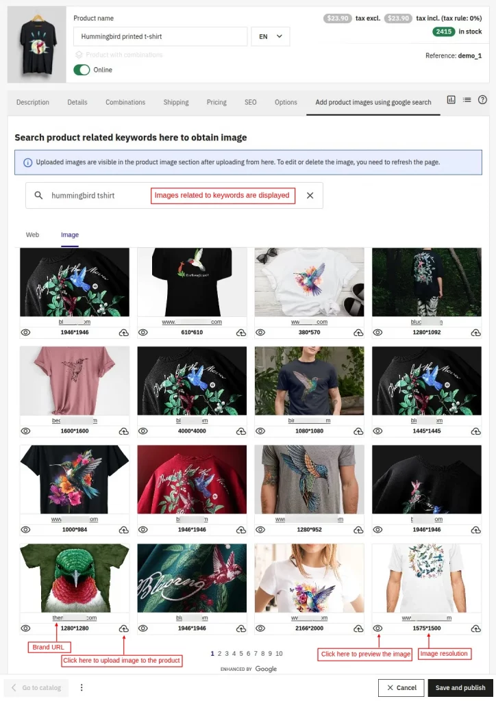 Images displayed based on the keyword