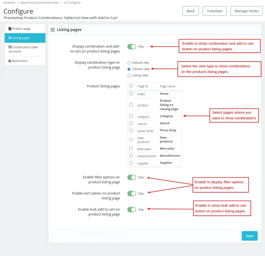 Listing pages Configuration
