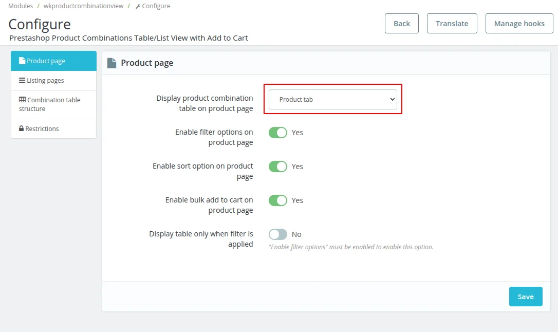 Product tab configuration