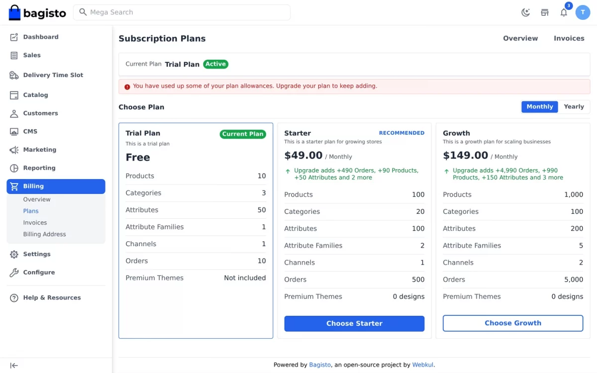 Bagisto SaaS Delivery Time Slot tenant subscription plans page listing available plans