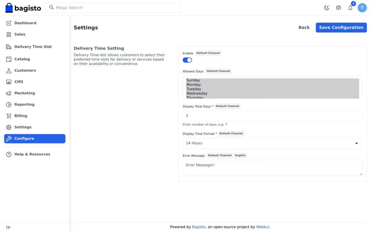 Bagisto SaaS Delivery Time Slot module configuration settings in the tenant admin panel