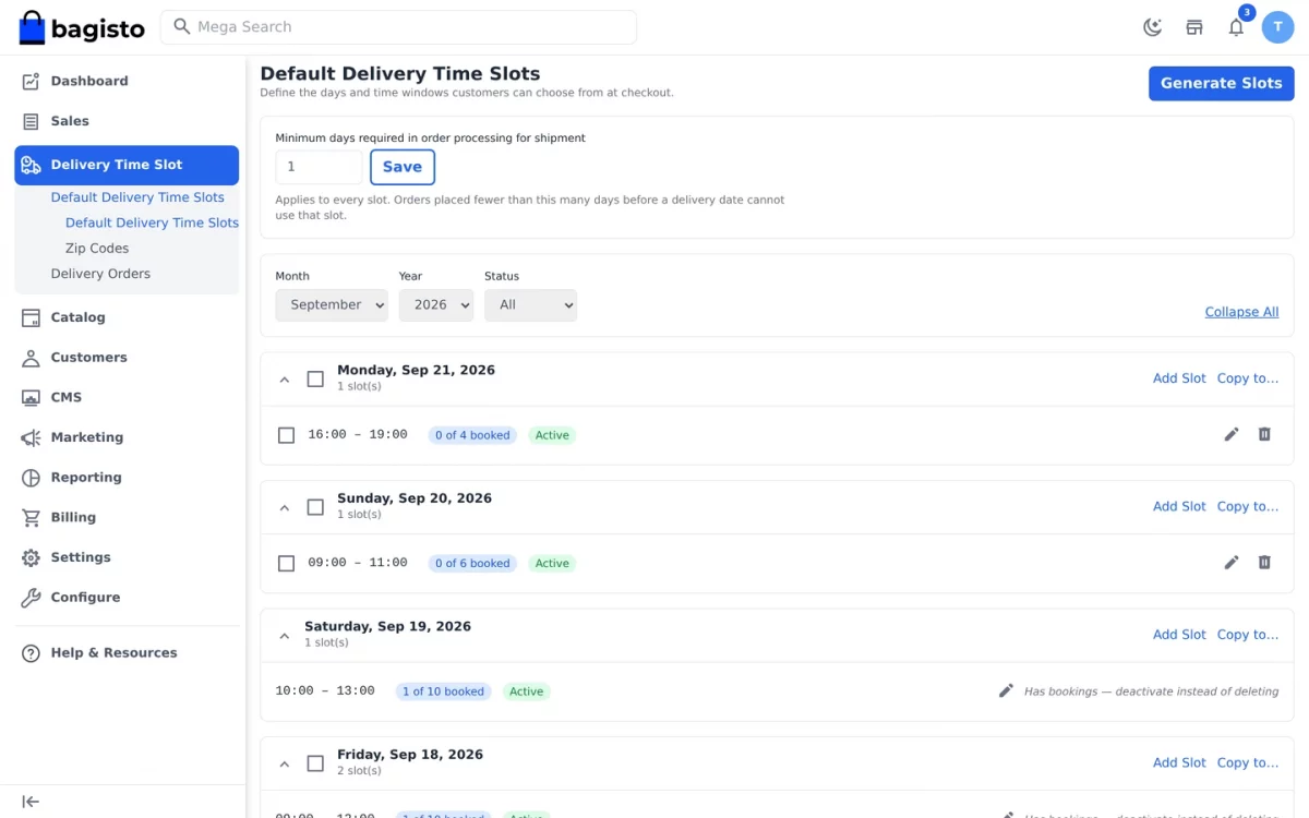 Bagisto SaaS Delivery Time Slot default delivery time slots screen showing date groups and booking counts