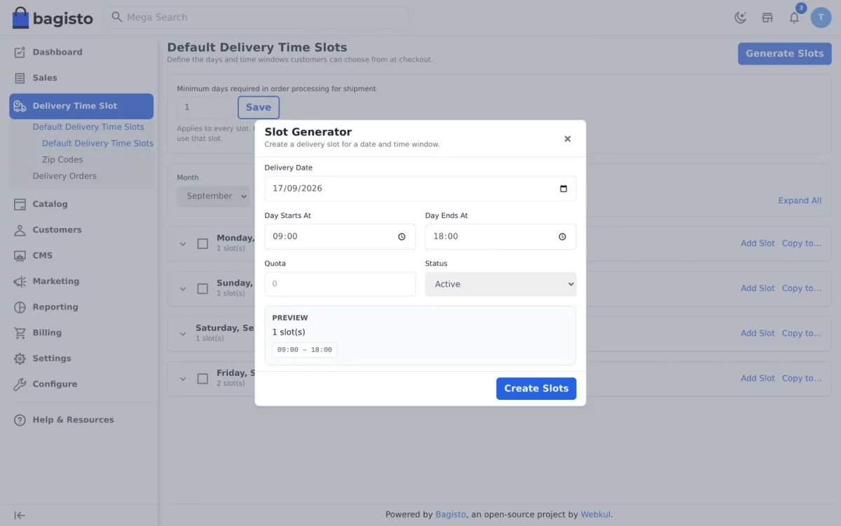 Bagisto SaaS Delivery Time Slot slot generator dialog for creating delivery windows on a date