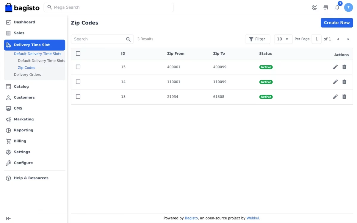 Bagisto SaaS Delivery Time Slot zip codes listing showing serviceable ranges for the tenant