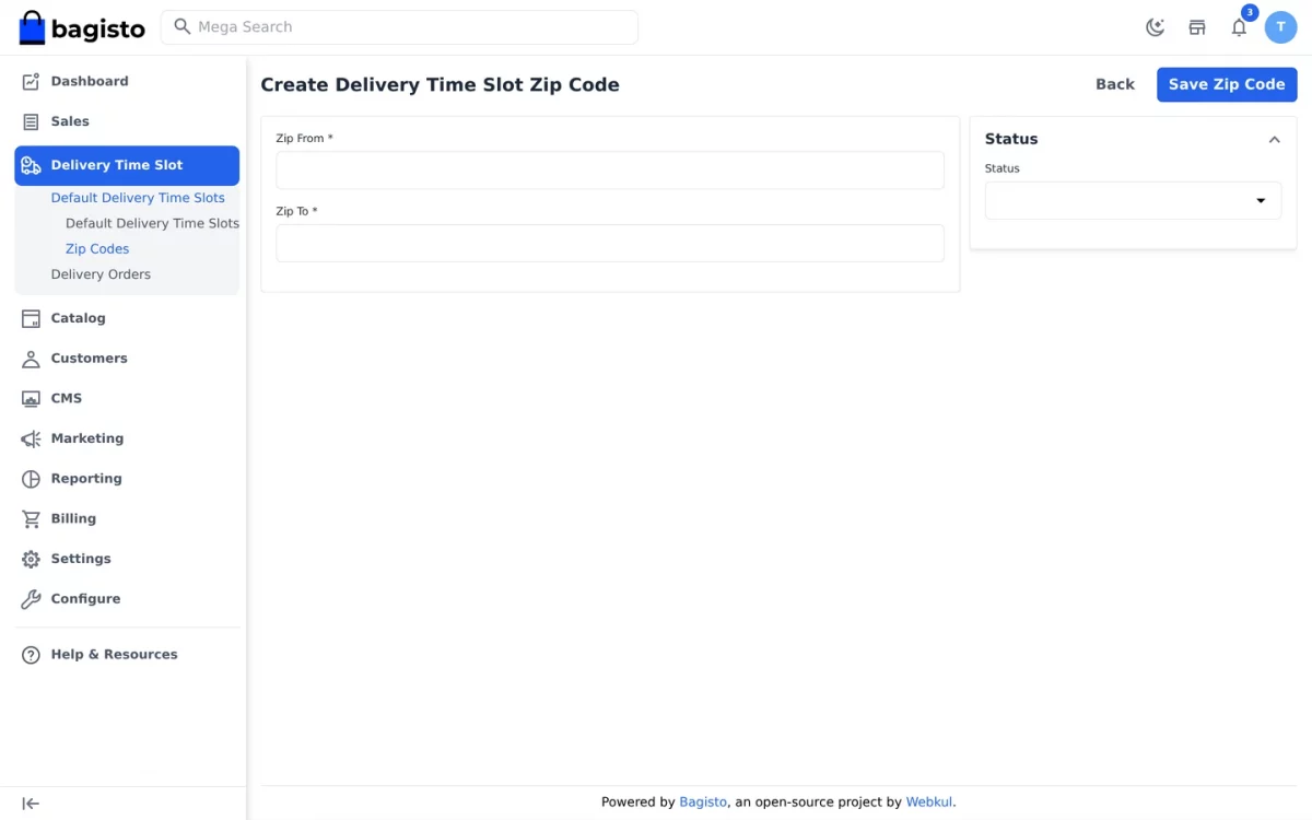 Bagisto SaaS Delivery Time Slot create zip code form with zip from, zip to and status fields