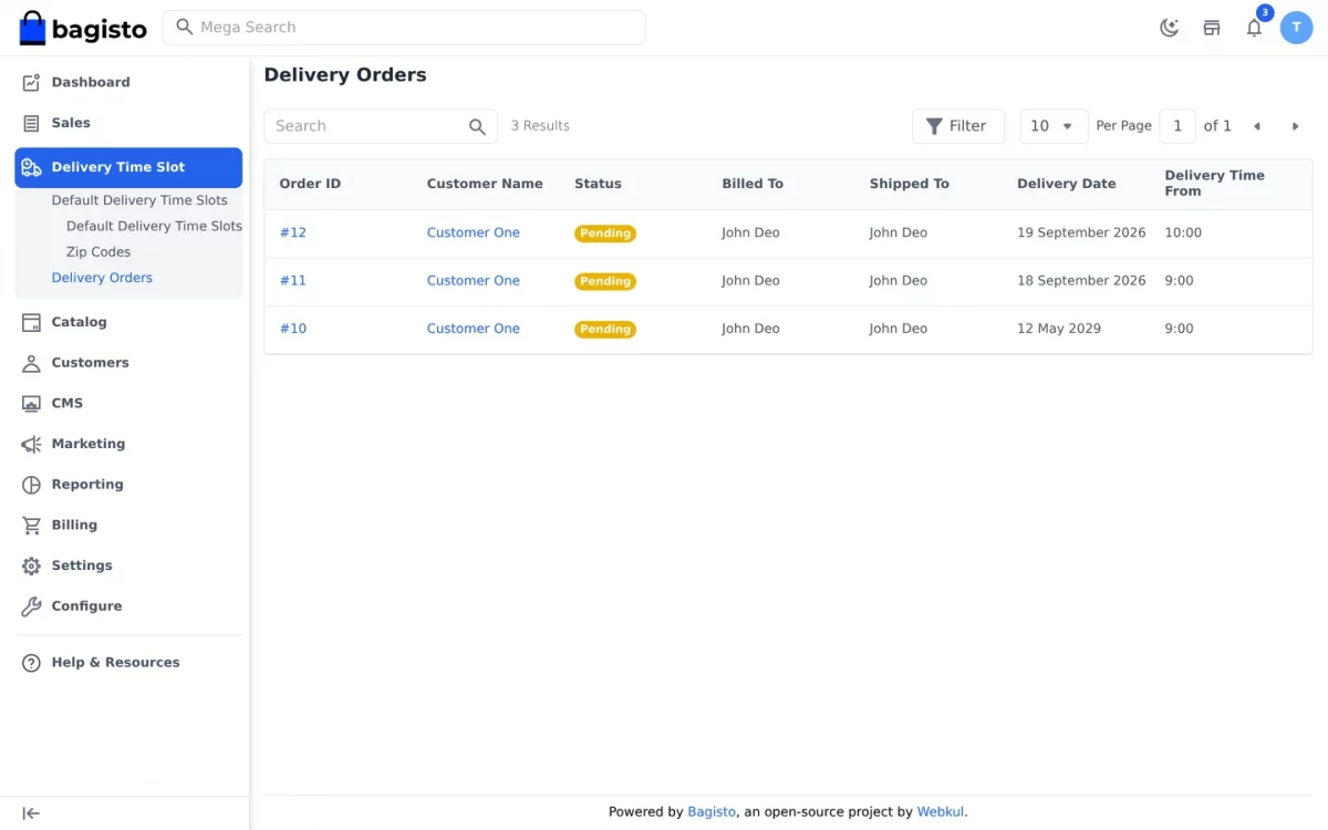 Bagisto SaaS Delivery Time Slot delivery orders grid listing orders with their booked delivery date and time