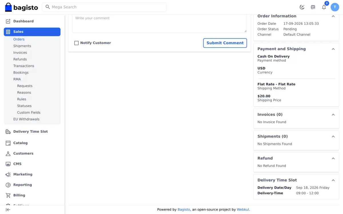 Bagisto SaaS Delivery Time Slot order view showing the booked delivery date and time slot