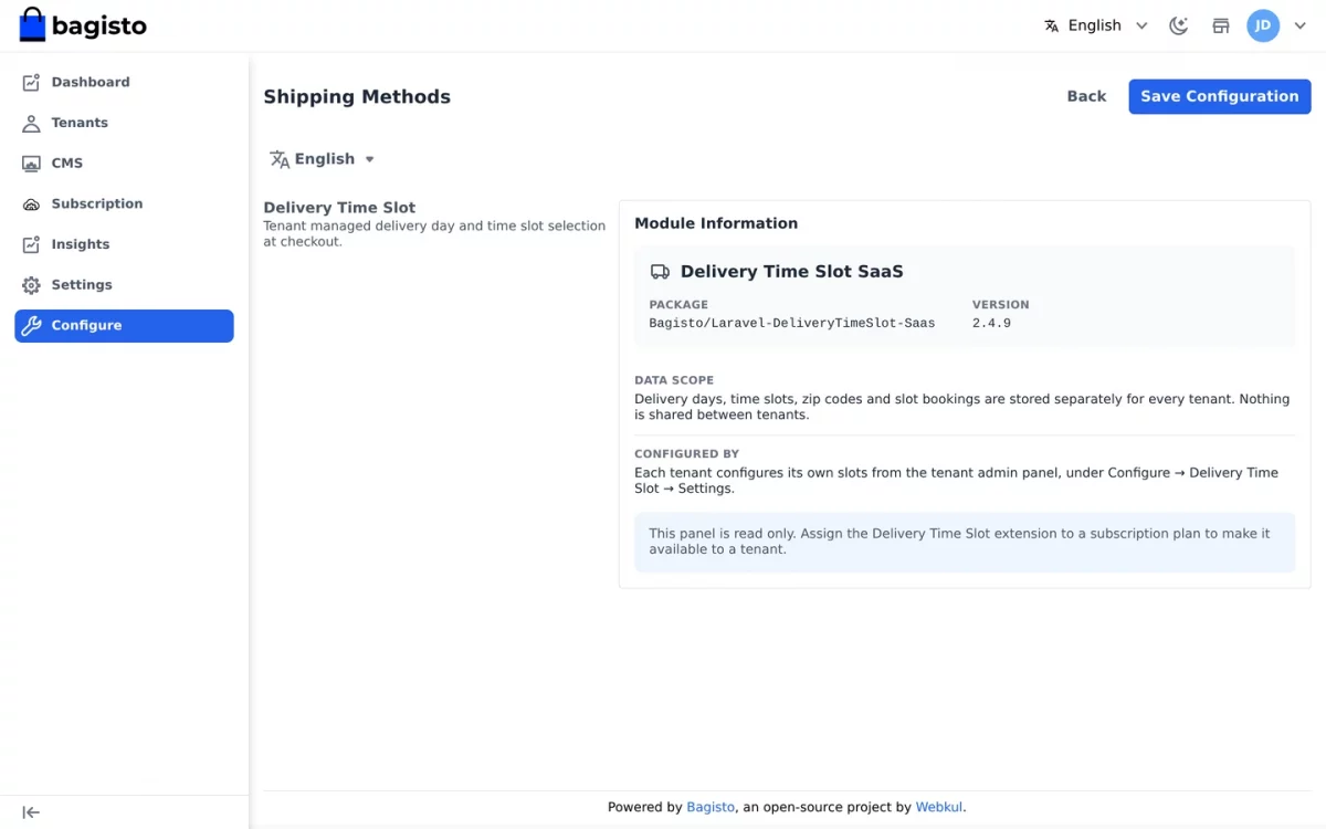 Bagisto SaaS Delivery Time Slot module information panel in the super admin configuration