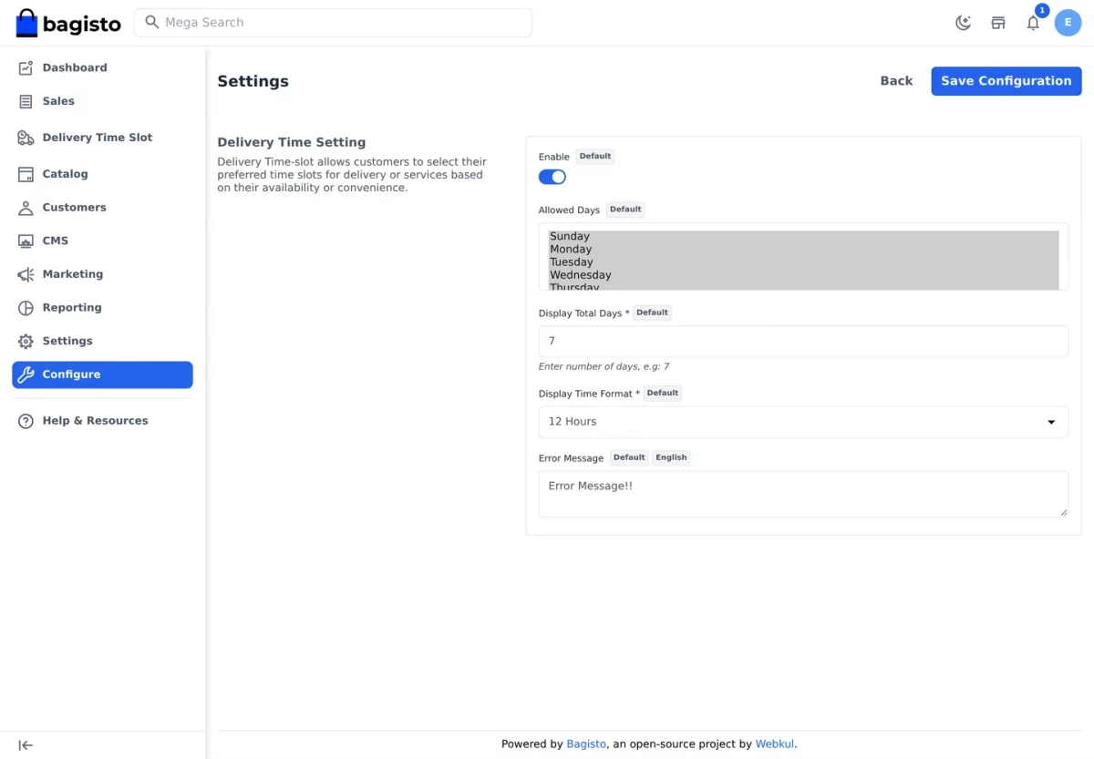 Bagisto Delivery Time Slot module configuration page showing the Delivery Time Setting fields
