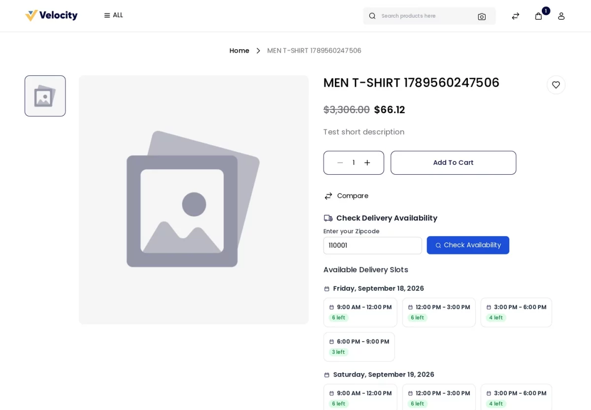 Bagisto Delivery Time Slot module product page showing available delivery slots for a serviceable pincode