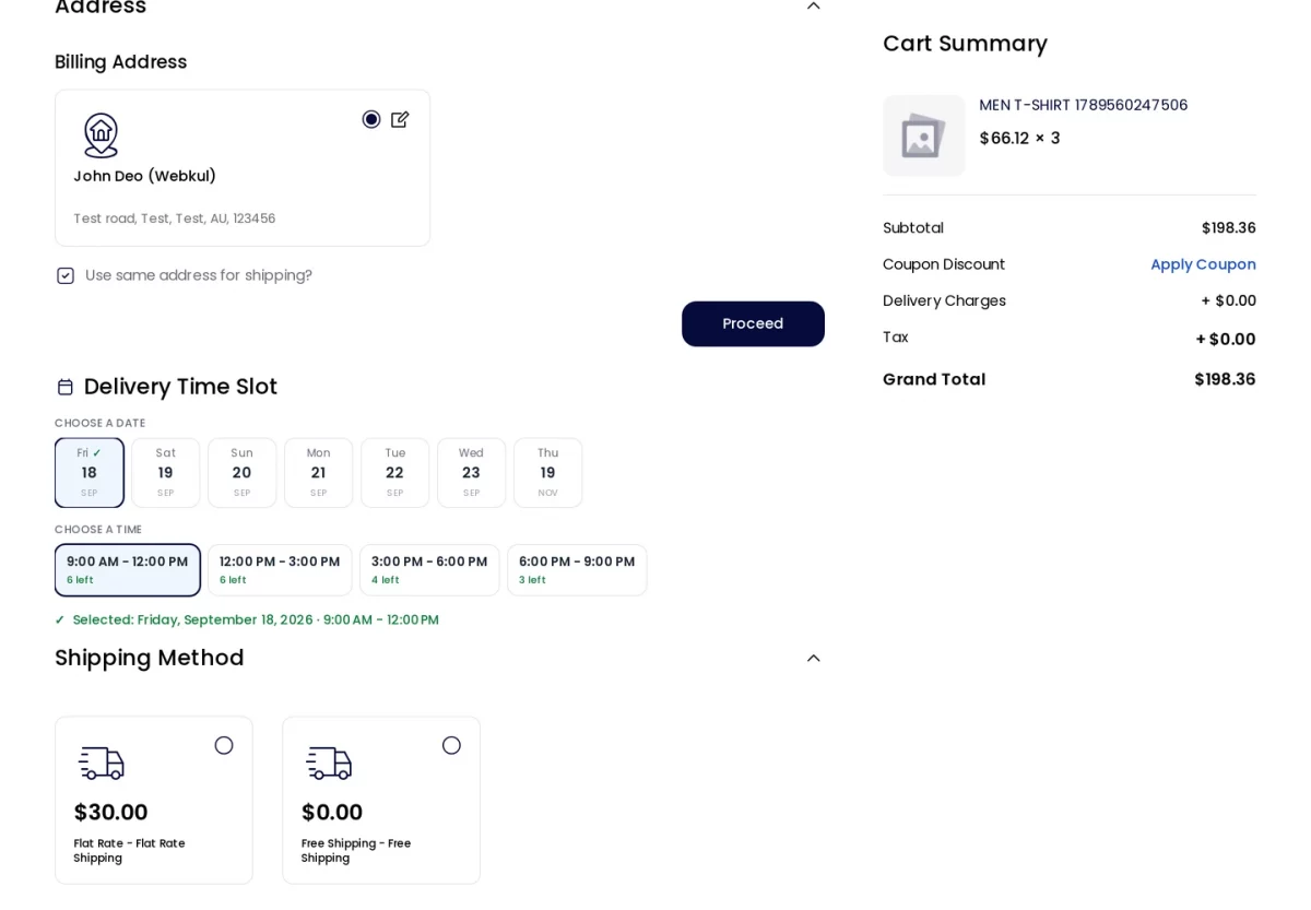 Bagisto Delivery Time Slot module checkout date pill scroller placed above the shipping method section