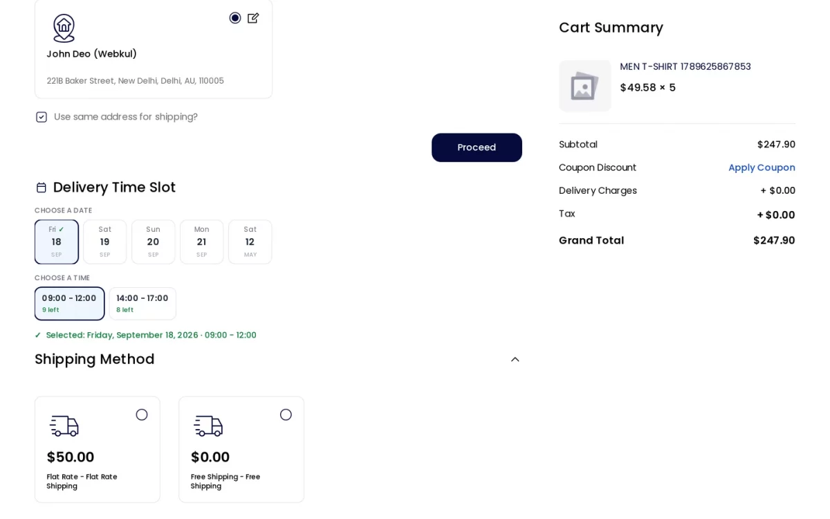 Bagisto SaaS Delivery Time Slot checkout showing delivery date pills and time windows with remaining quota