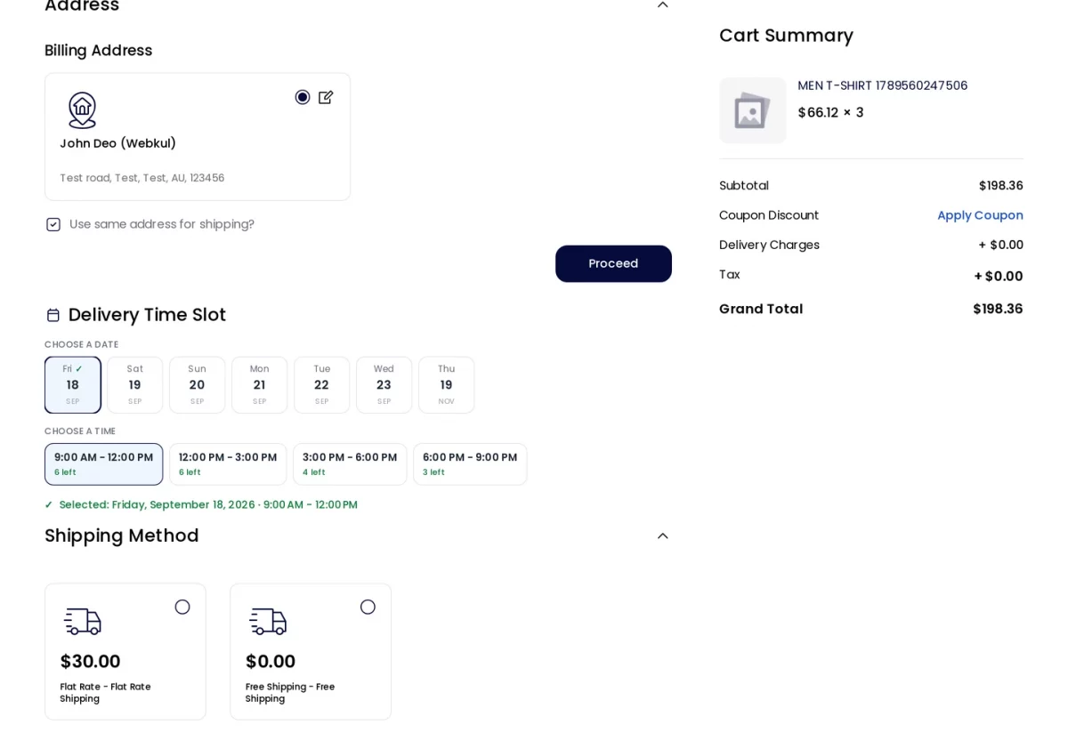 Bagisto Delivery Time Slot module checkout with a delivery date and time window selected and confirmed
