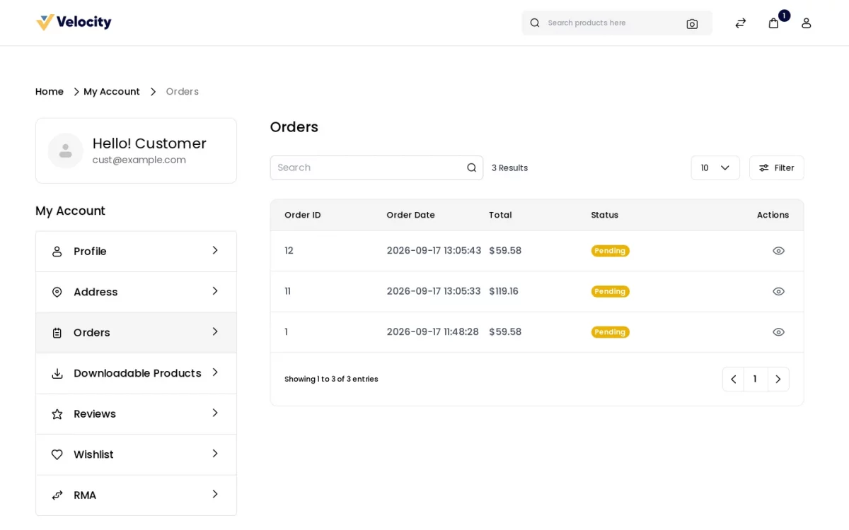 Bagisto SaaS Delivery Time Slot customer account orders listing on the tenant storefront