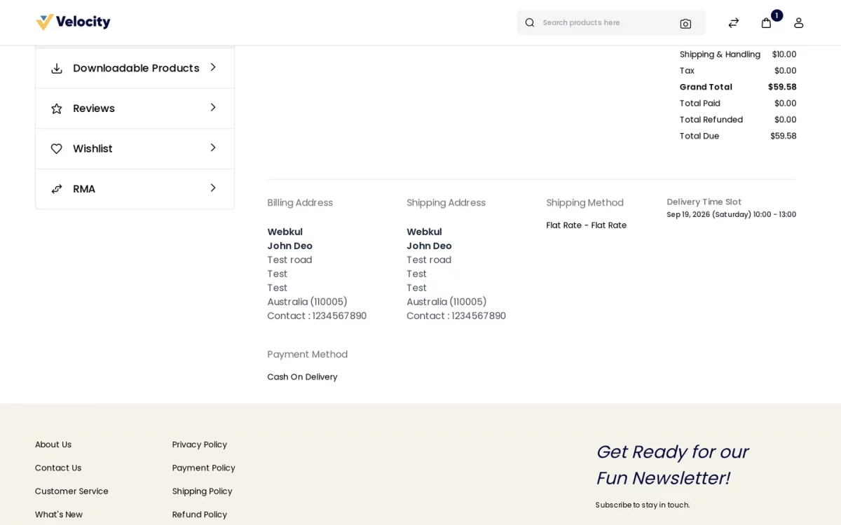 Bagisto SaaS Delivery Time Slot customer order page showing the selected delivery date and time slot