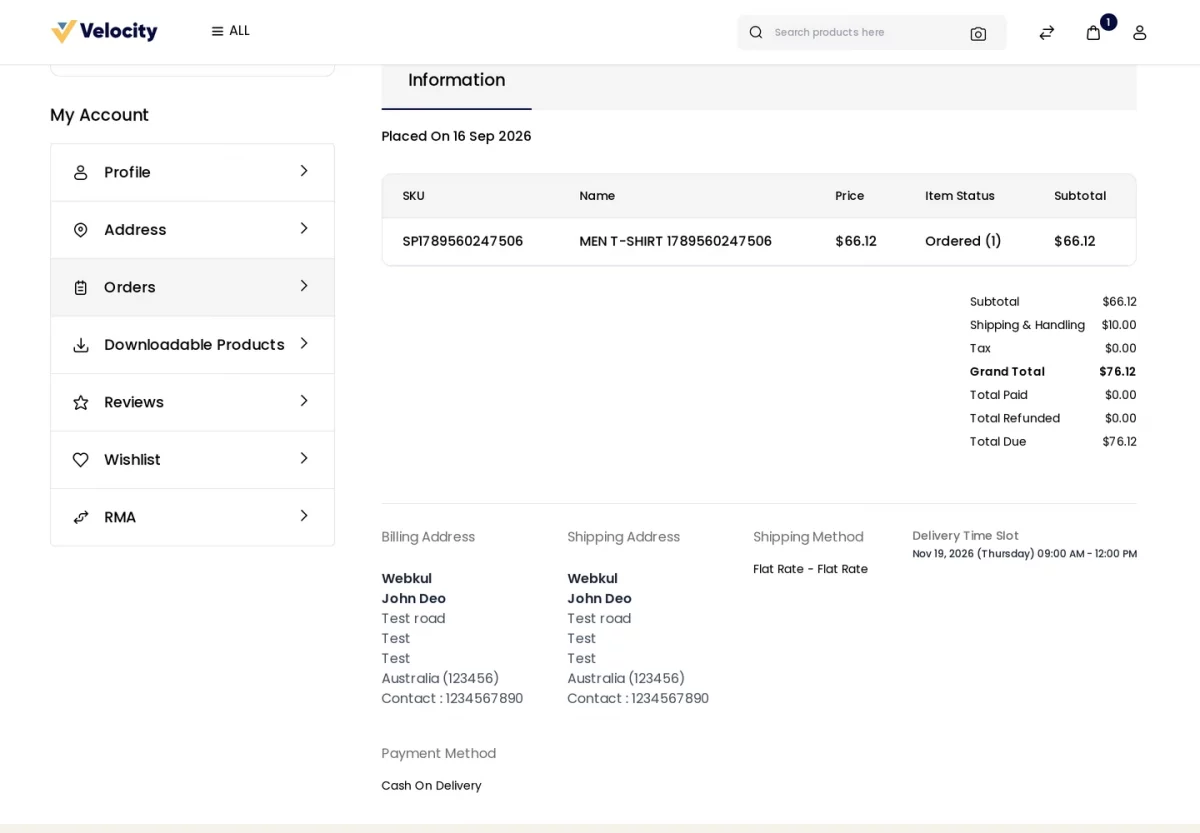 Bagisto Delivery Time Slot module customer order view showing the booked delivery date and time window