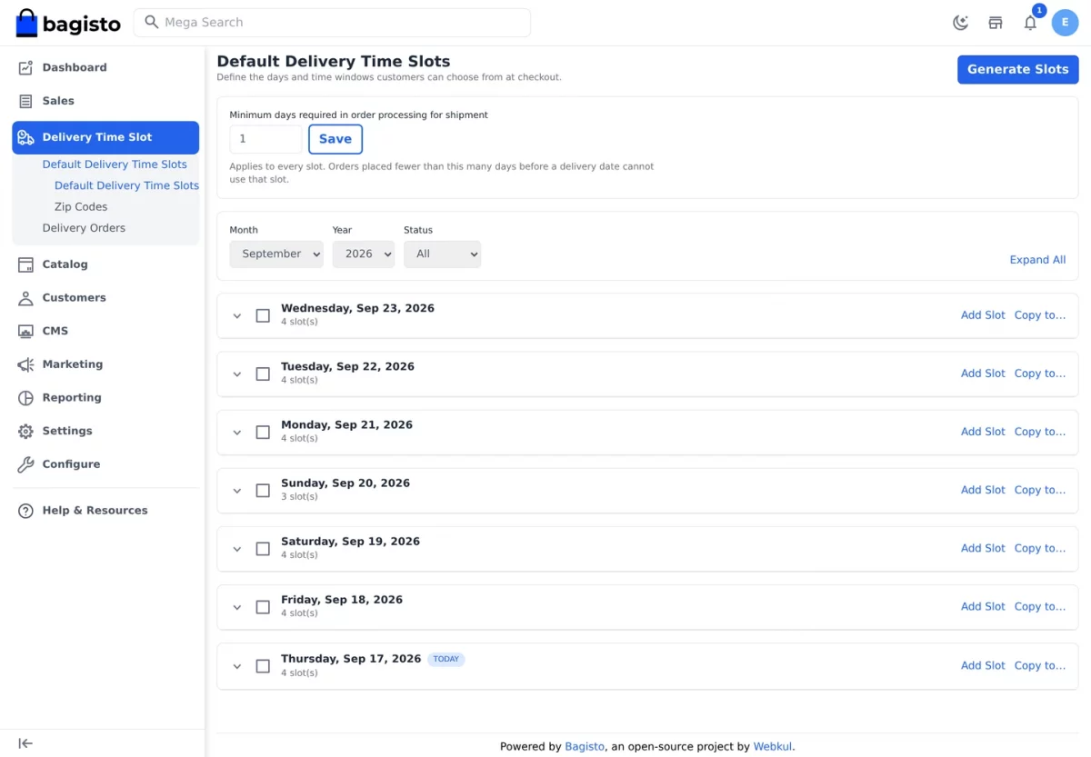 Bagisto Delivery Time Slot module Default Delivery Time Slots planner with month, year and status filters
