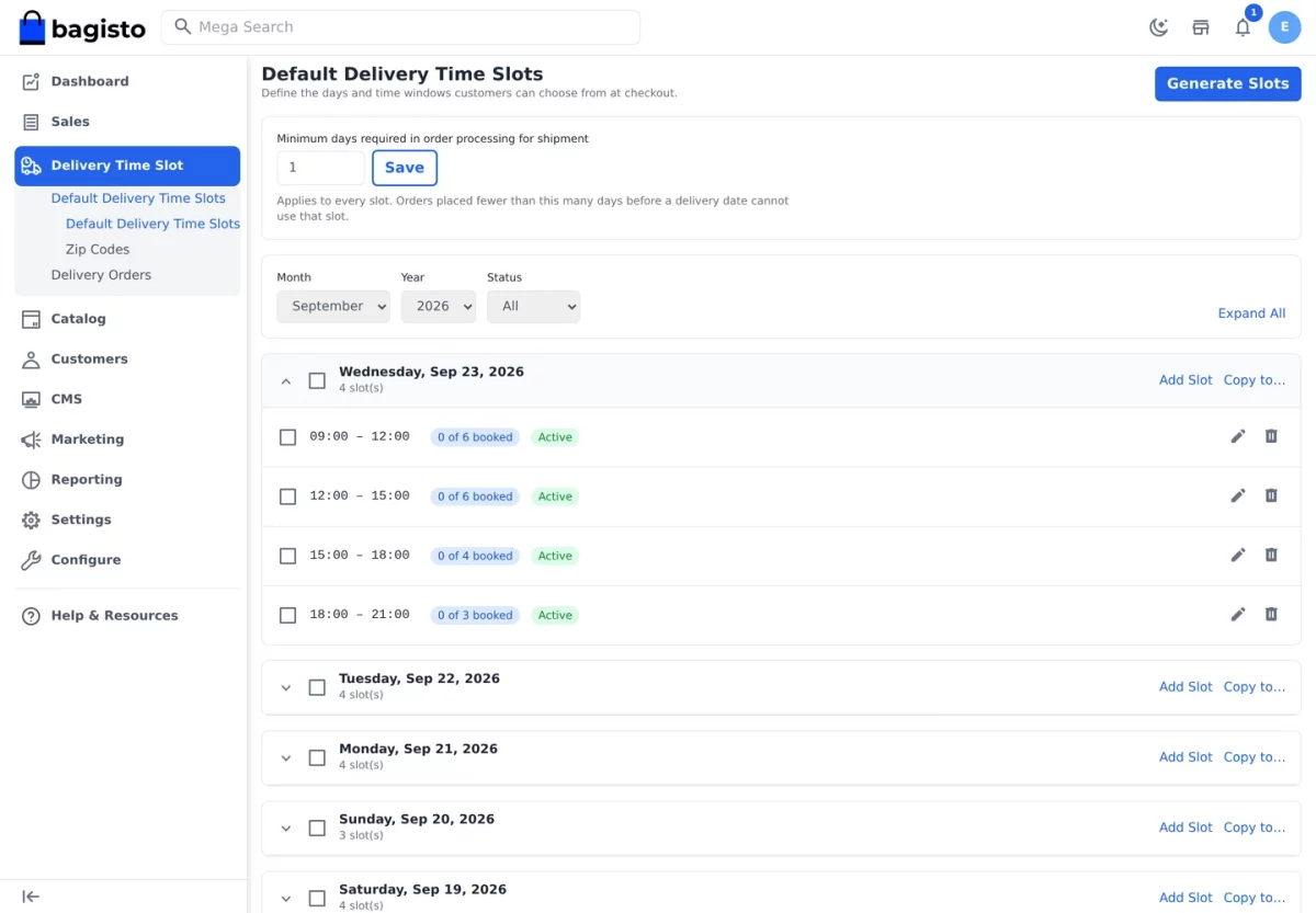 Bagisto Delivery Time Slot module expanded date accordion listing four delivery windows with booking badges