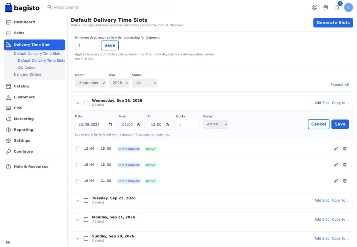 Bagisto Delivery Time Slot module inline slot editor with start time, end time, quota and status fields