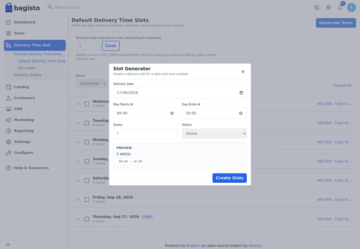 Bagisto Delivery Time Slot module Slot Generator dialog with delivery date, times, quota and a live preview