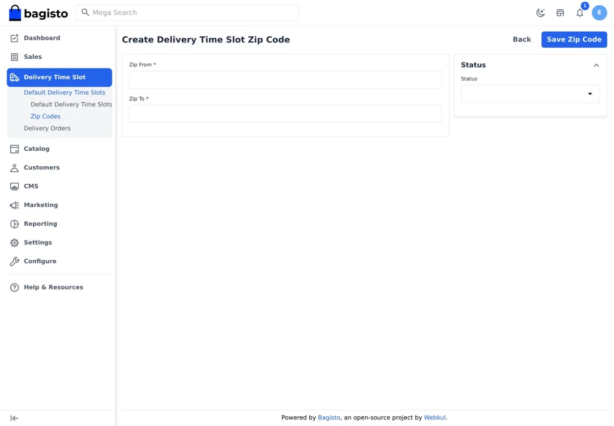 Bagisto Delivery Time Slot module create zip code form with zip from, zip to and status fields