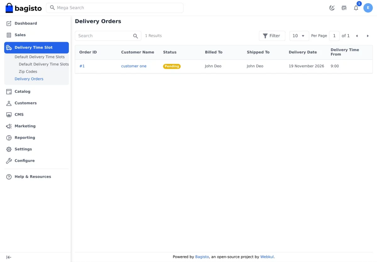 Bagisto Delivery Time Slot module Delivery Orders grid showing orders with their booked delivery windows