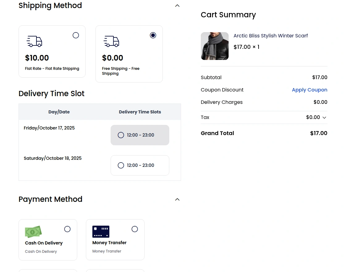 Select day and delivery time slots