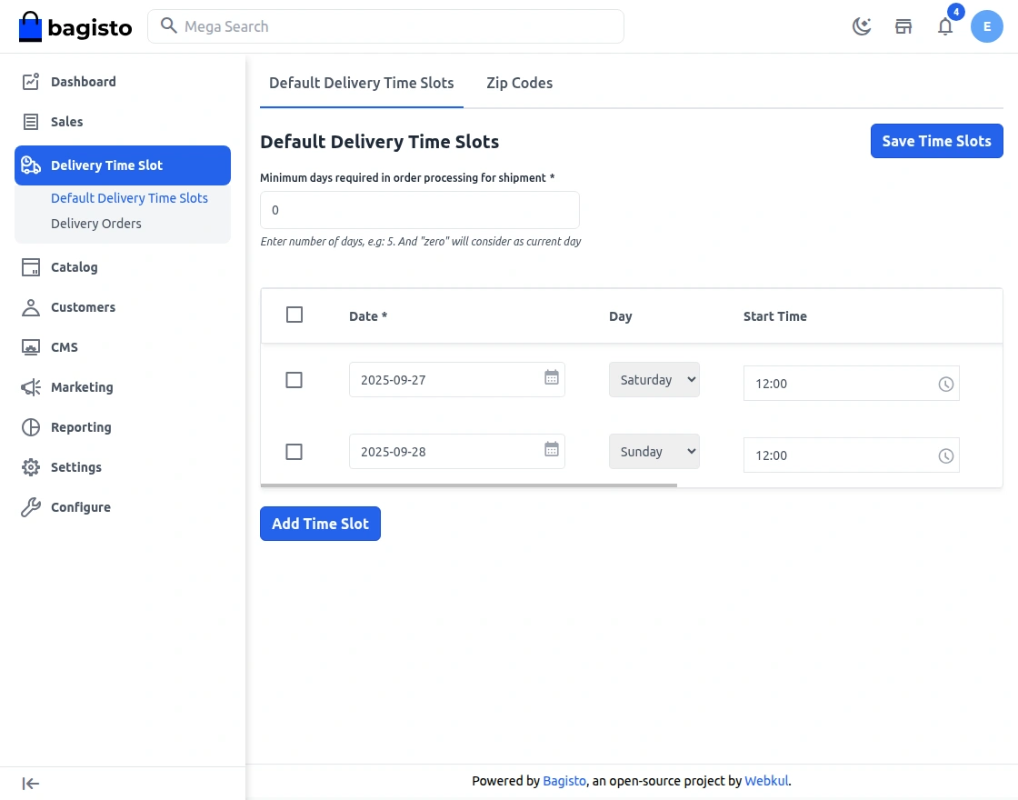 Default Delivery Time Slots
