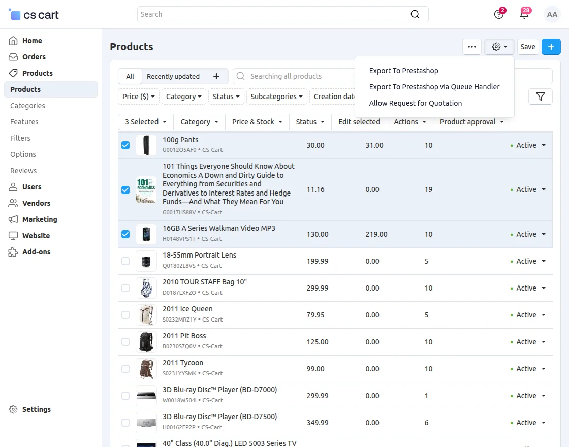 product exporting on the prestashop