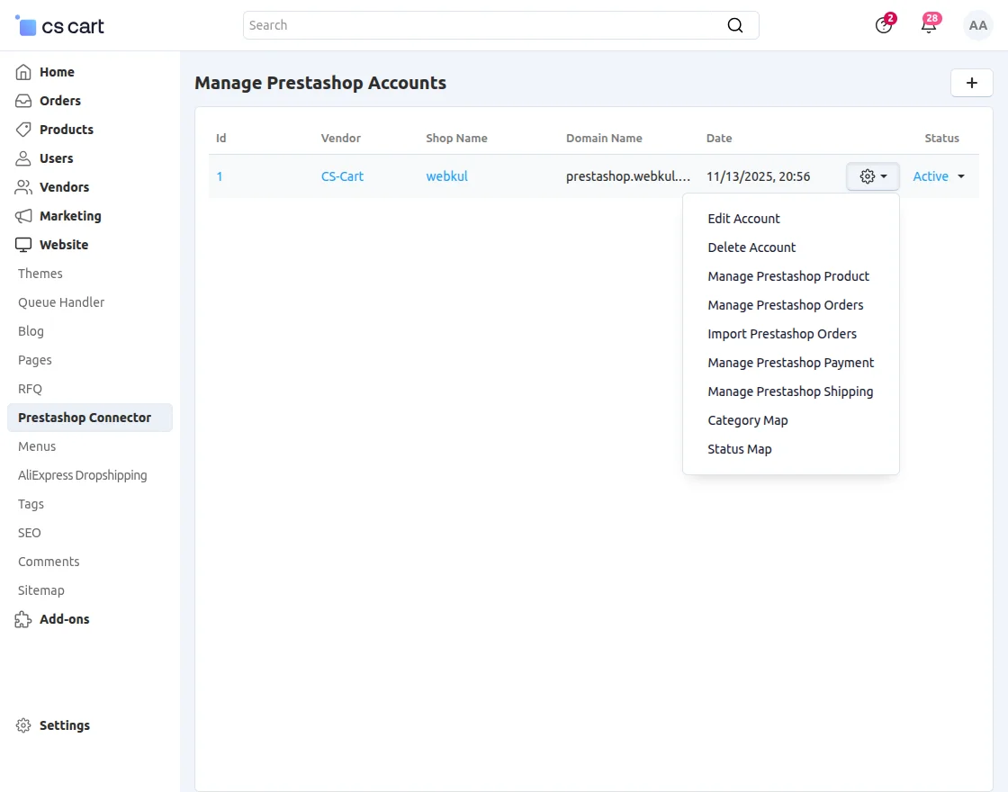 Manage prestashop account