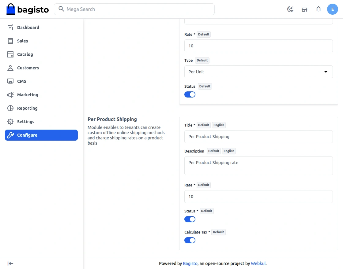 Configure shipping meahod status