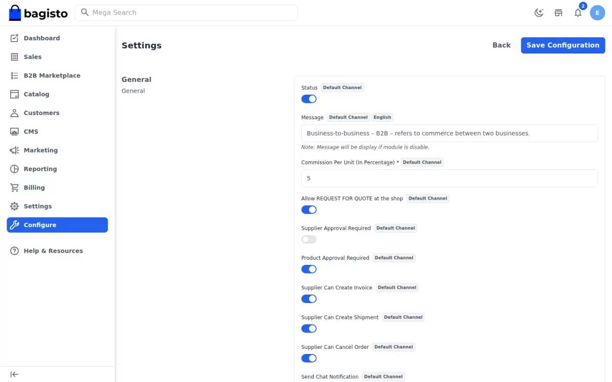 Laravel B2B Marketplace SaaS module tenant admin configuration showing status, commission and supplier permissions