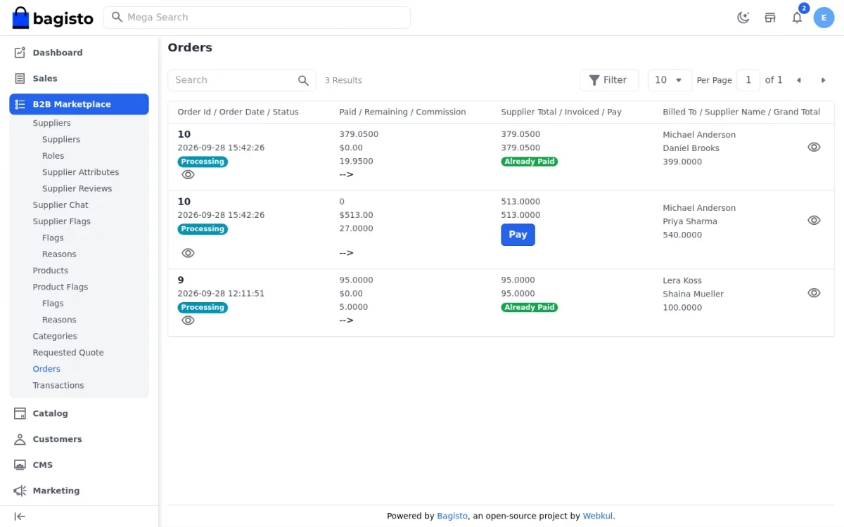Laravel B2B Marketplace SaaS module admin marketplace orders with Pay and Already Paid status