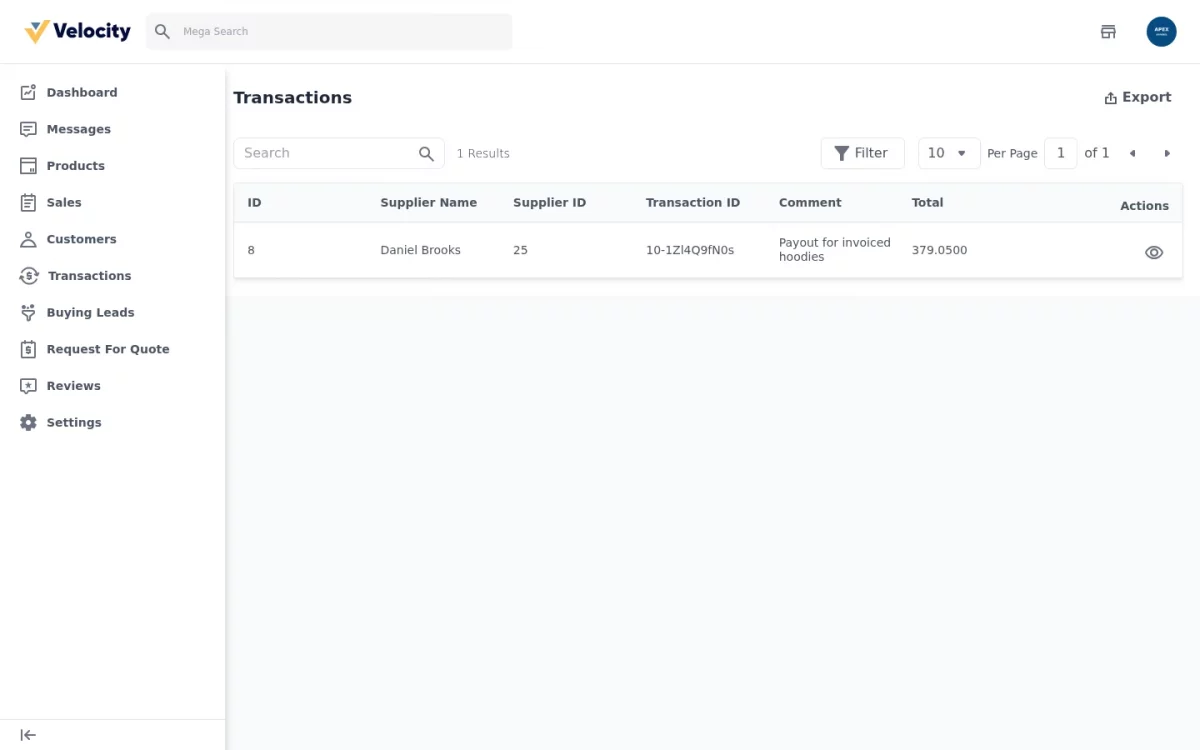 Laravel B2B Marketplace SaaS module supplier transactions list showing a payout