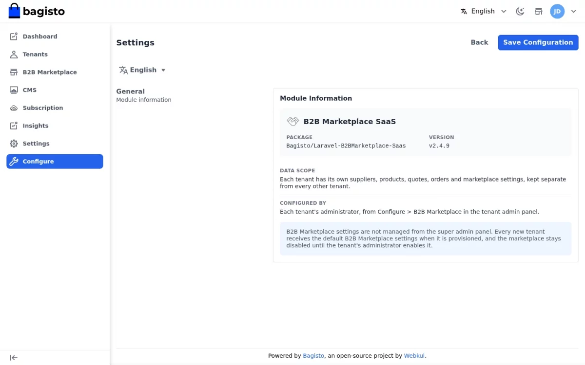 Laravel B2B Marketplace SaaS module super admin configuration panel with package and version
