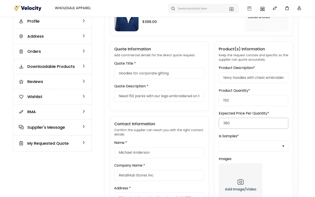 Laravel B2B Marketplace SaaS module customer request for quote form with product and contact details