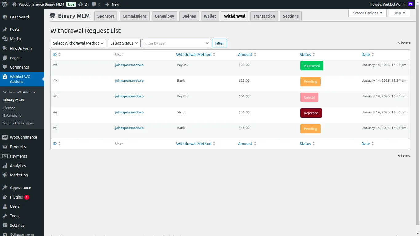 withdrawal section at admin end