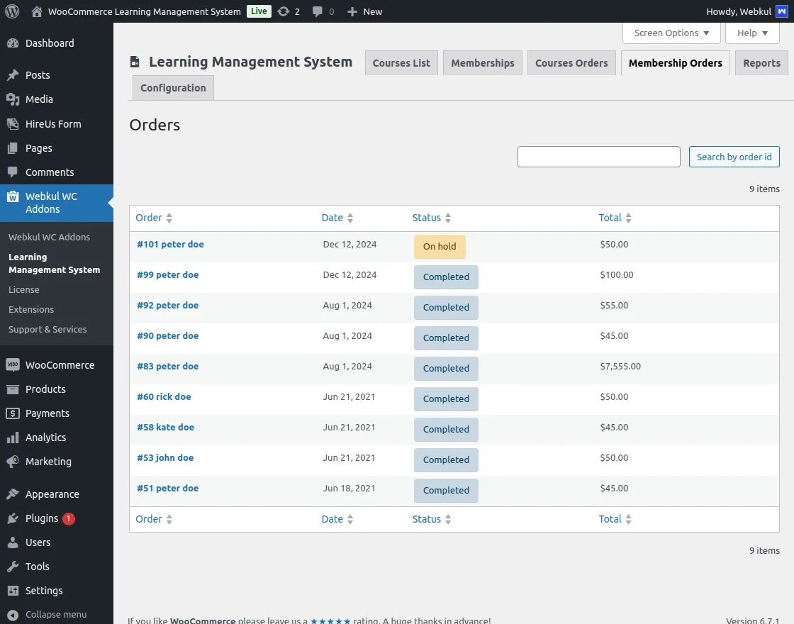 learning management system  membership orders