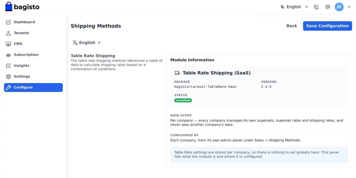 Bagisto SaaS Table Rate Shipping module information panel in the super admin configuration