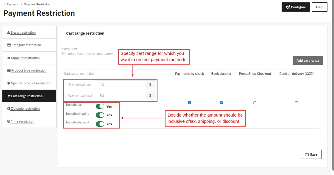 Payment restrictions by cart range