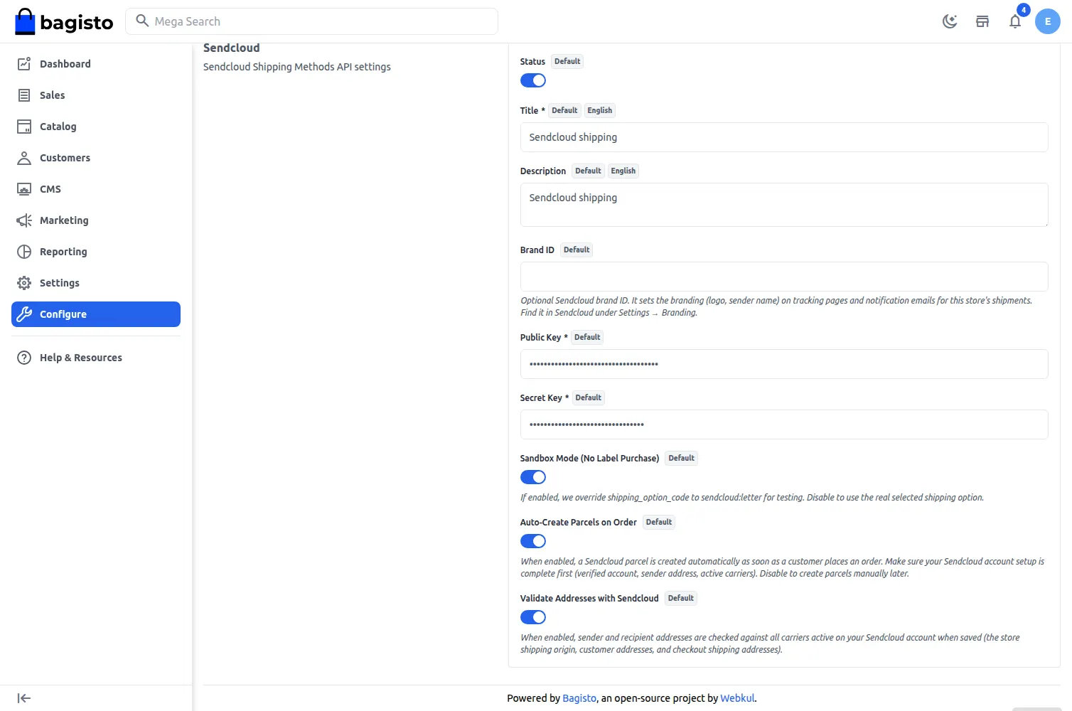 Sendcloud configuration in admin panel