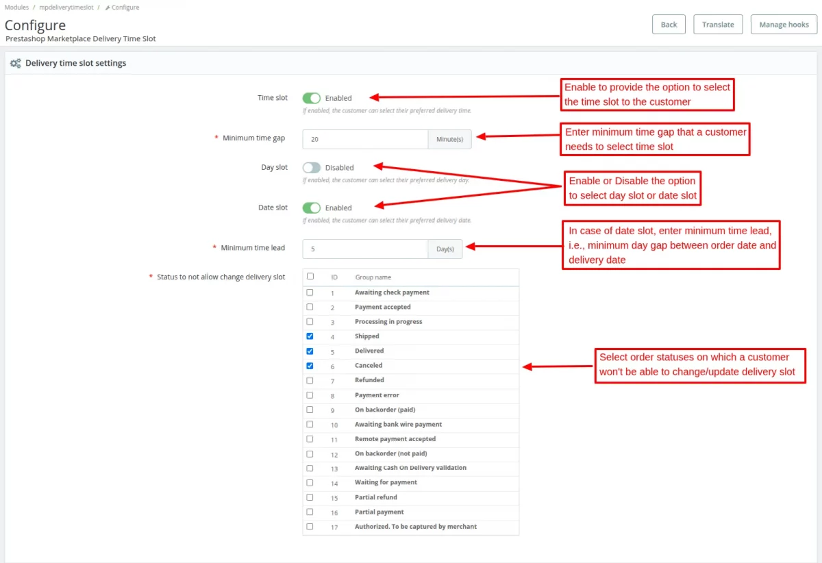 delivery time slot settings