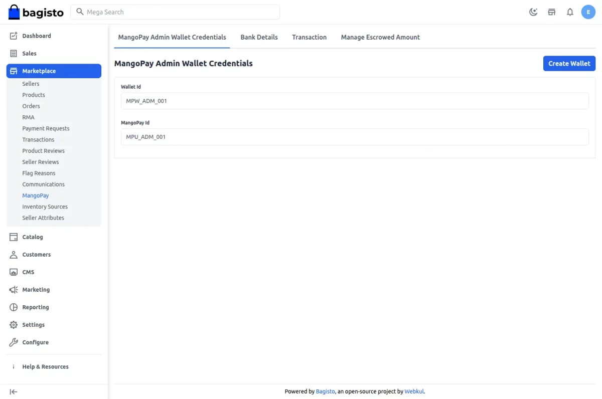 Bagisto Marketplace MangoPay Payment Gateway Admin Wallet"