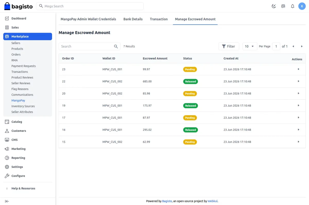 Bagisto Marketplace MangoPay Payment Manage Escrowed Amount