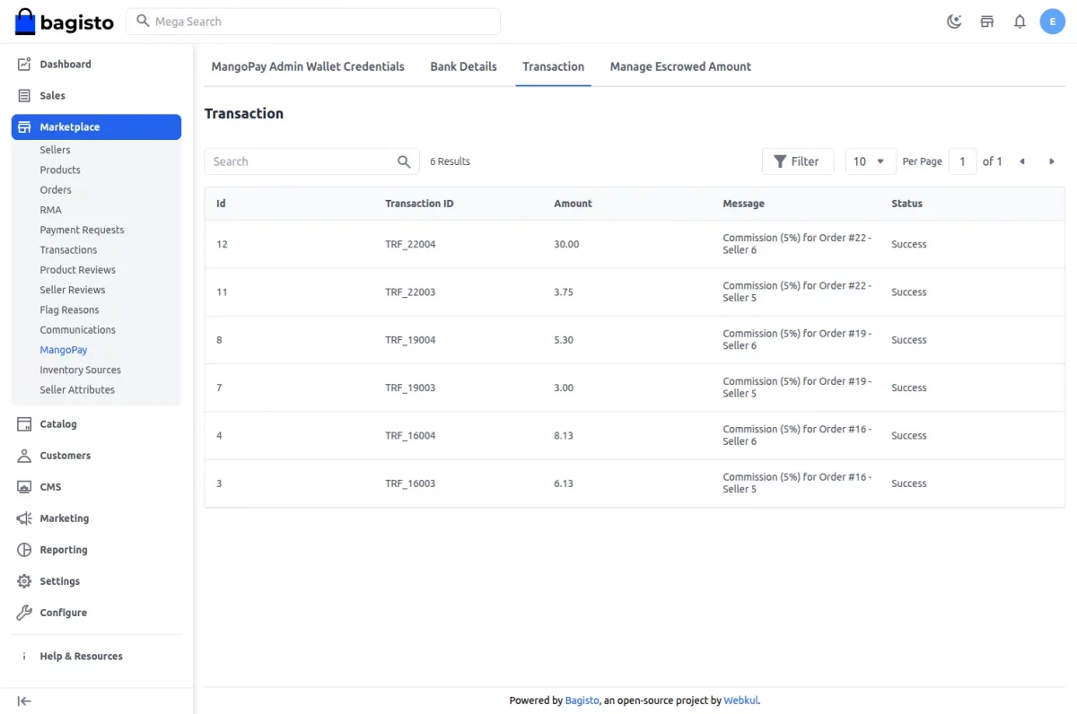 Bagisto Marketplace MangoPay Payment Transaction